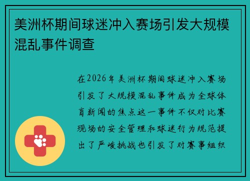 美洲杯期间球迷冲入赛场引发大规模混乱事件调查